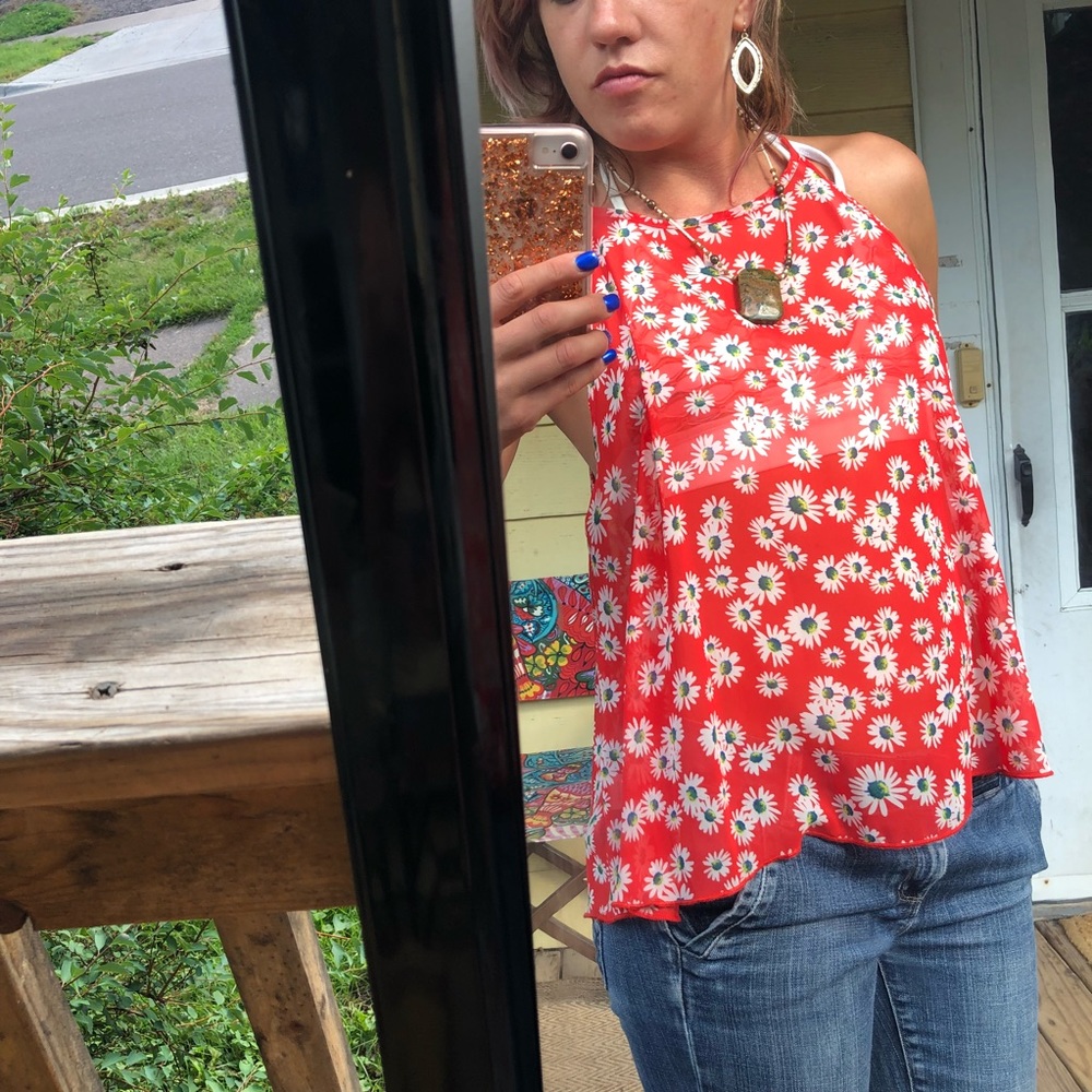 Floral sheer red tank